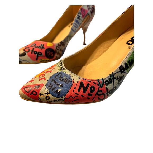 DOGO Vegan High Heel Shoes Cartoon And Slogans Print Women's Size 7 - Picture 11 of 14